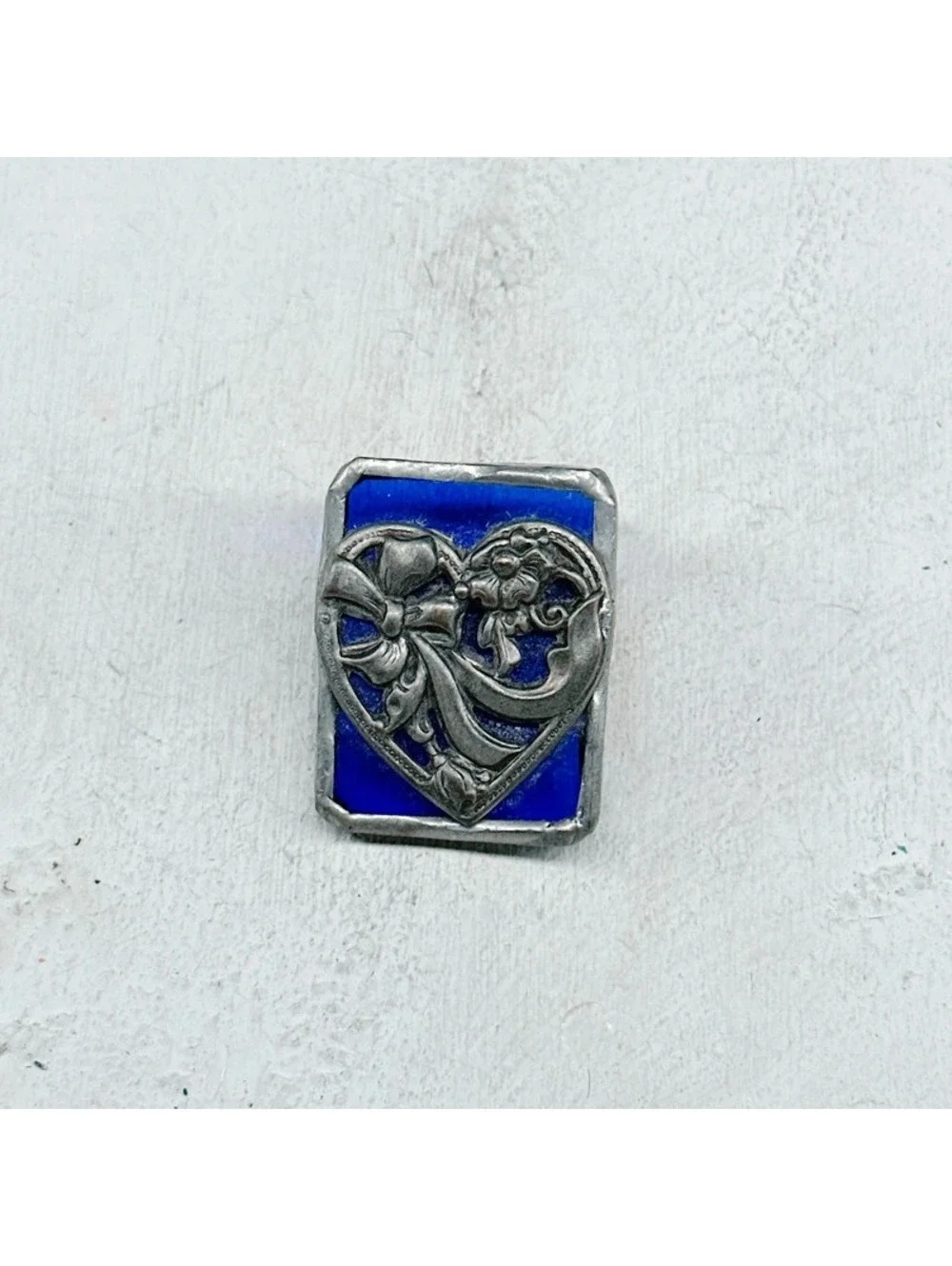 348u. Blue Stained Glass Heart Brooch